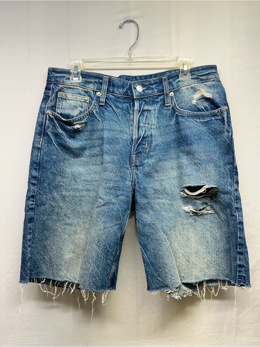 Women’s Distressed Blue Denim Jean Shorts - Casual Frayed Hem